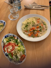 Hühnerfrikassee mit Kartoffelstampf und kleinem Salat